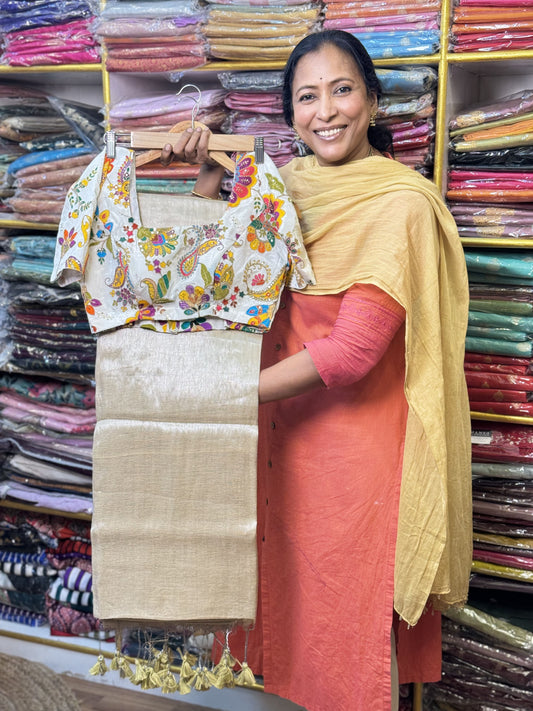 Beige Plain Khadi Tissue Saree with Stitched Blouse