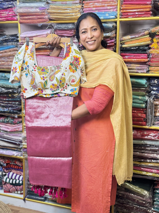 Silver Pink Plain Khadi Tissue Saree with Stitched Blouse
