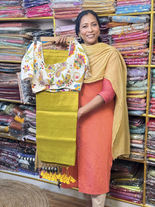 Yellow Plain Khadi Tissue Saree with Stitched Blouse