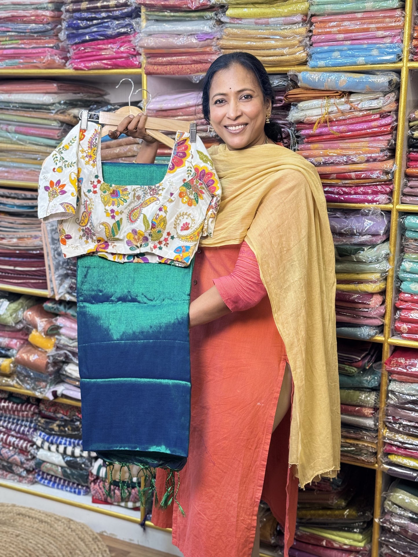 Peacock Green Plain Khadi Tissue Saree with Stitched Blouse