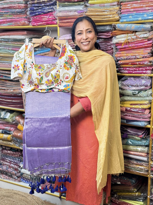 Silver Lavendar Plain Khadi Tissue Saree with Stitched Blouse
