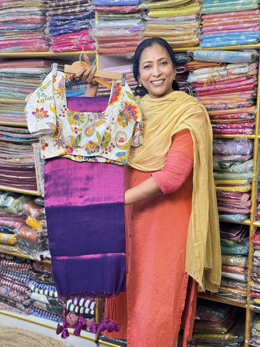 Purple Plain Khadi Tissue Saree with Stitched Blouse