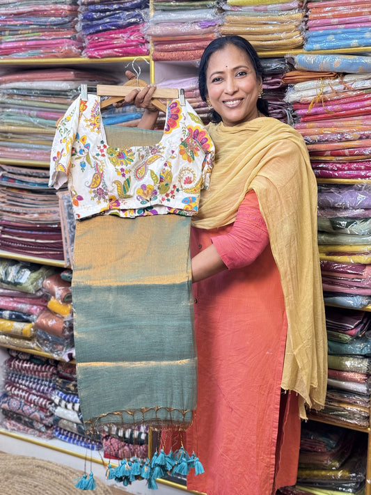 Copper Rama Green Plain Khadi Tissue Saree with Stitched Blouse