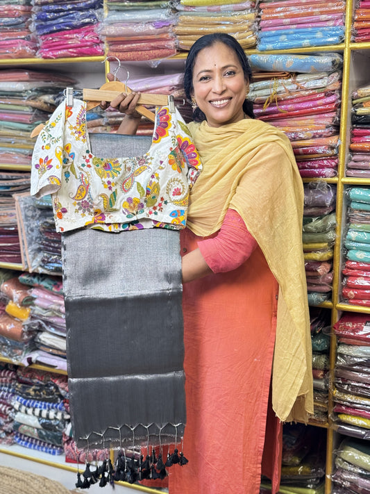 Silver Black Plain Khadi Tissue Saree with Stitched Blouse