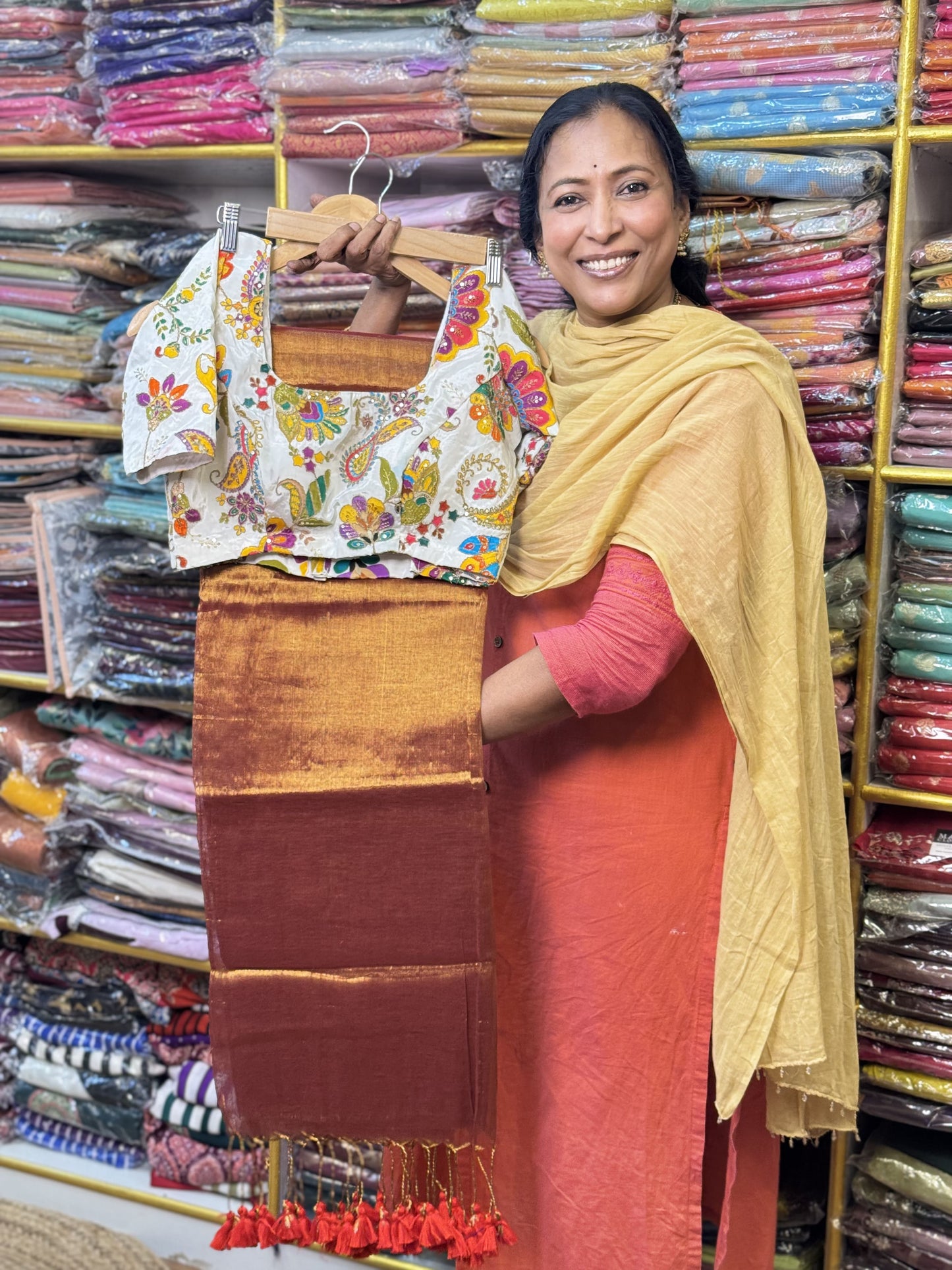 Orange Red Plain Khadi Tissue Saree with Stitched Blouse