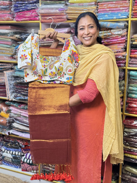 Orange Red Plain Khadi Tissue Saree with Stitched Blouse