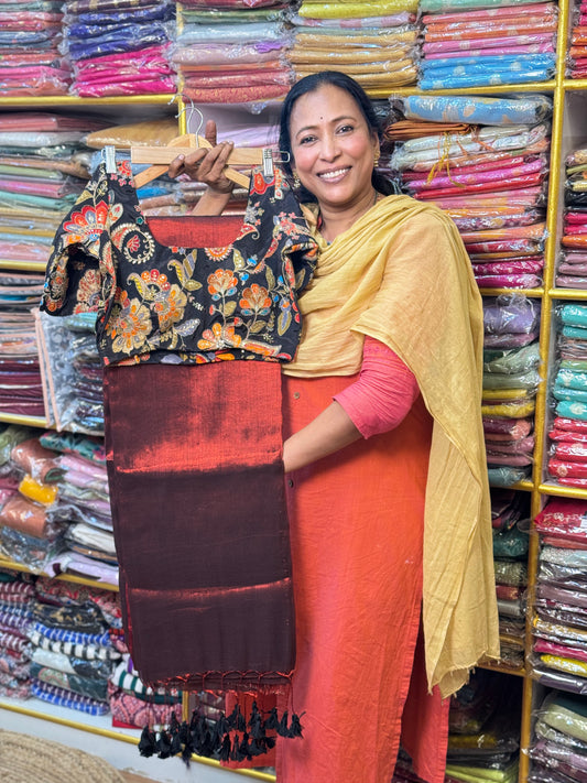 Maroon Plain Khadi Tissue Saree with Stitched Blouse