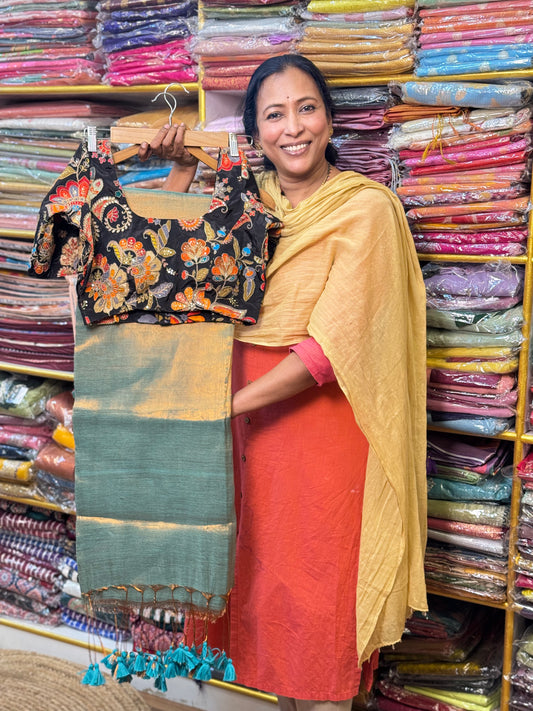 Copper Rama Green Plain Khadi Tissue Saree with Stitched Blouse
