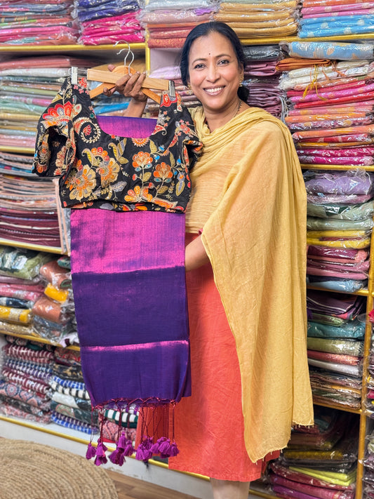 Dark Purple Plain Khadi Tissue Saree with Stitched Blouse