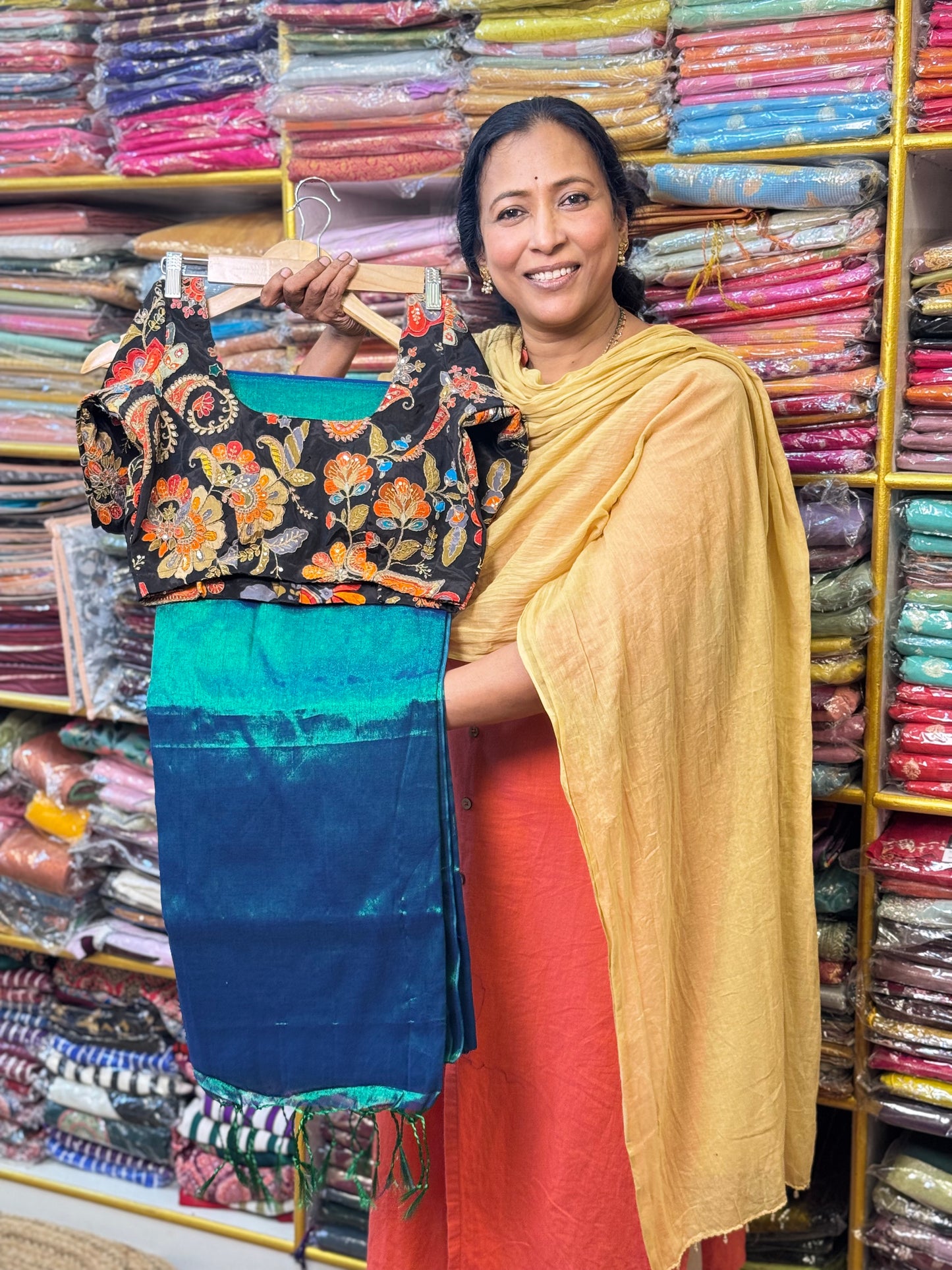 Peacock Plain Khadi Tissue Saree with Stitched Blouse