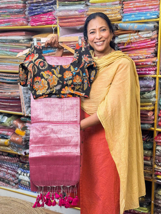 Silver Pink Plain Khadi Tissue Saree with Stitched Blouse