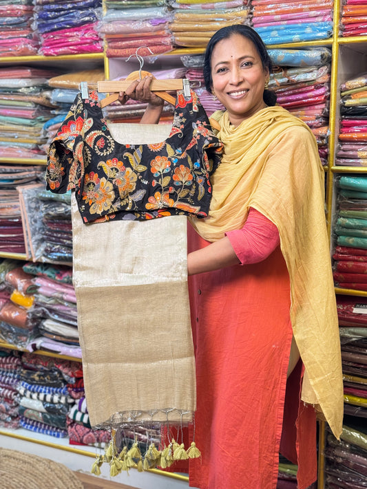 Biege Plain Khadi Tissue Saree with Stitched Blouse