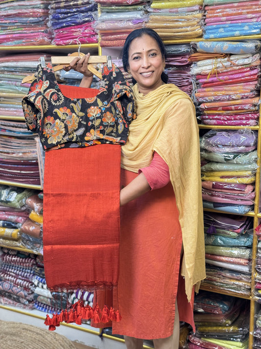 Red Plain Khadi Tissue Saree with Stitched Blouse