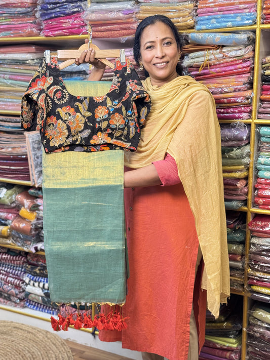 Rama Green Plain Khadi Tissue Saree with Stitched Blouse