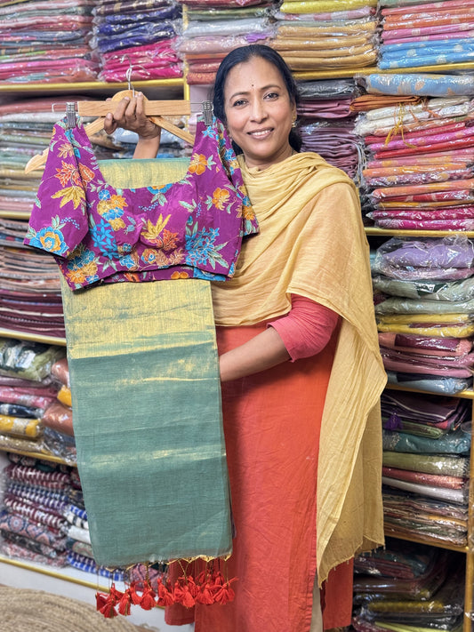Rama Green Plain Khadi Tissue Saree with Stitched Blouse