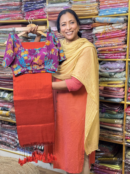 Red Plain Khadi Tissue Saree with Stitched Blouse