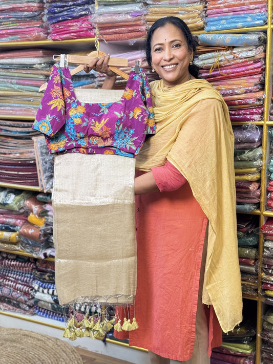 Beige Plain Khadi Tissue Saree with Stitched Blouse