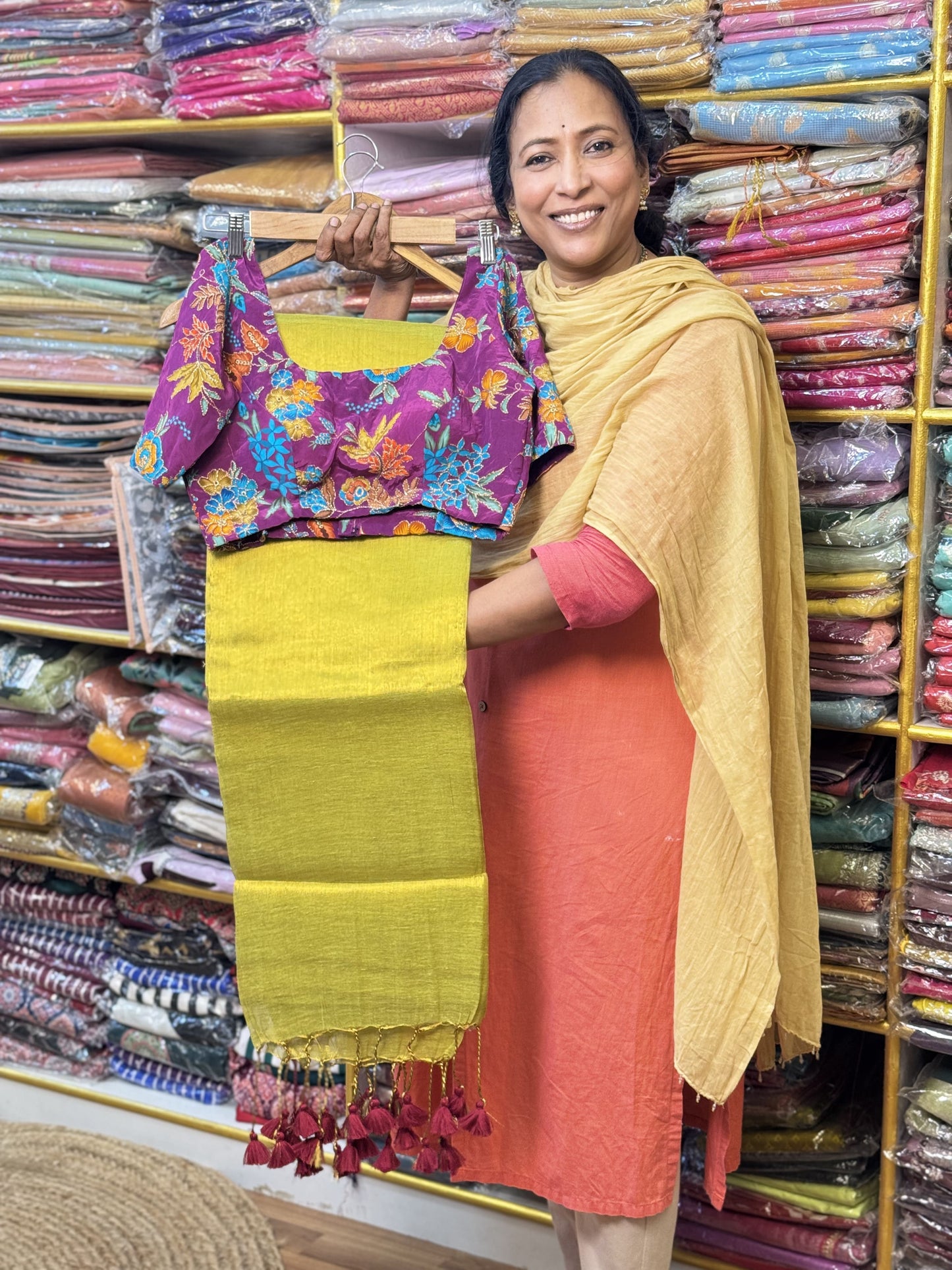 Lime Green Plain Khadi Tissue Saree with Stitched Blouse