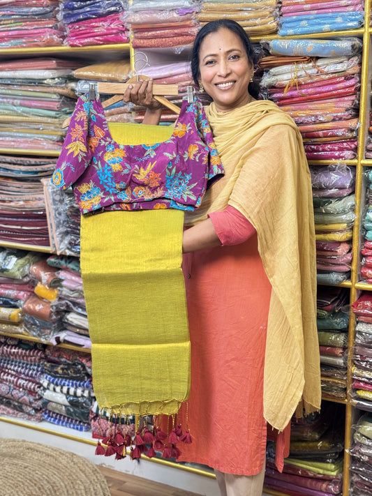 Lime Green Plain Khadi Tissue Saree with Stitched Blouse