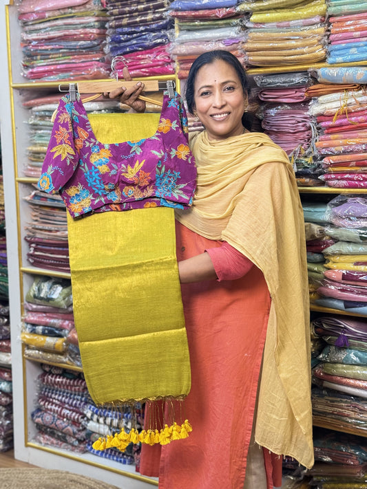 Yellow Plain Khadi Tissue Saree with Stitched Blouse