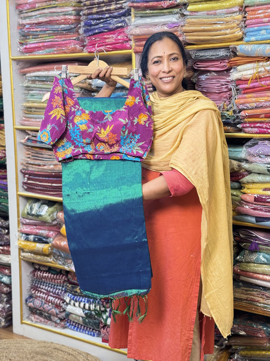 Peacock Green Plain Khadi Tissue Saree with Stitched Blouse