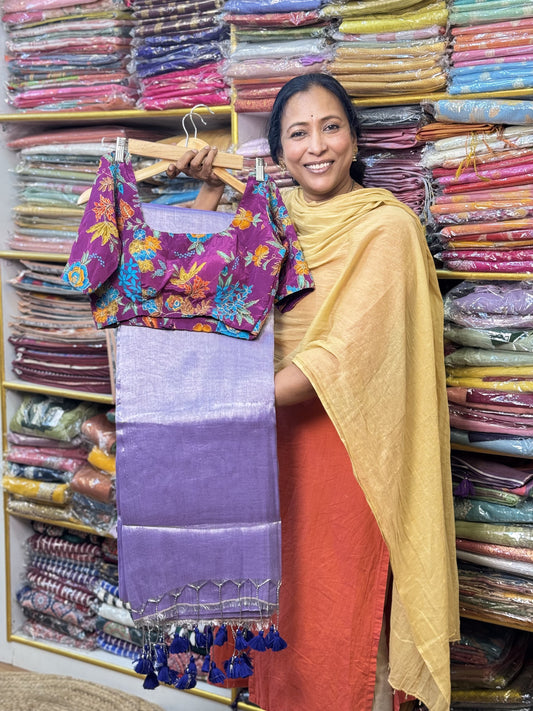 Silver Lavendar Plain Khadi Tissue Saree with Stitched Blouse