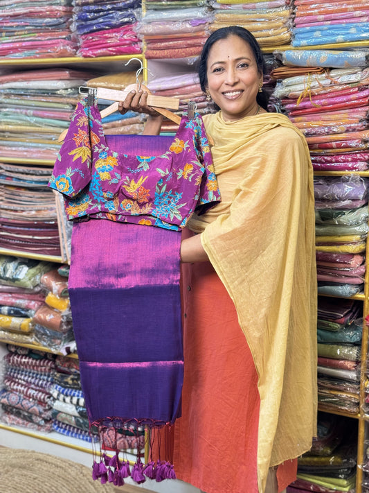 Purple Plain Khadi Tissue Saree with Stitched Blouse