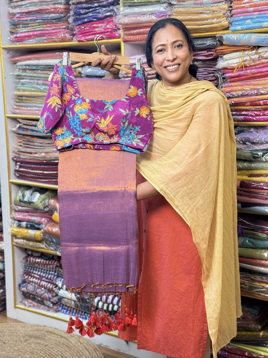 Light Lavendar Plain Khadi Tissue Saree with Stitched Blouse