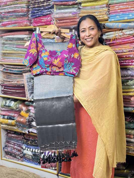 Silver Grey Plain Khadi Tissue Saree with Stitched Blouse