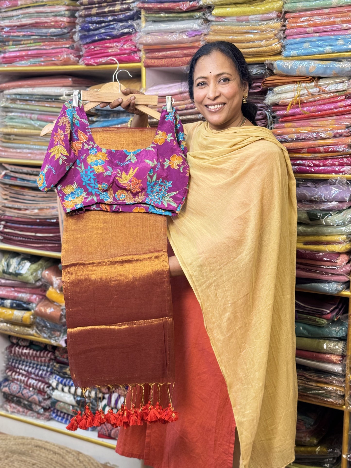 Orange Red Plain Khadi Tissue Saree with Stitched Blouse