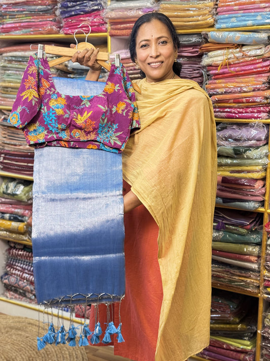 Silver Blue Plain Khadi Tissue Saree with Stitched Blouse