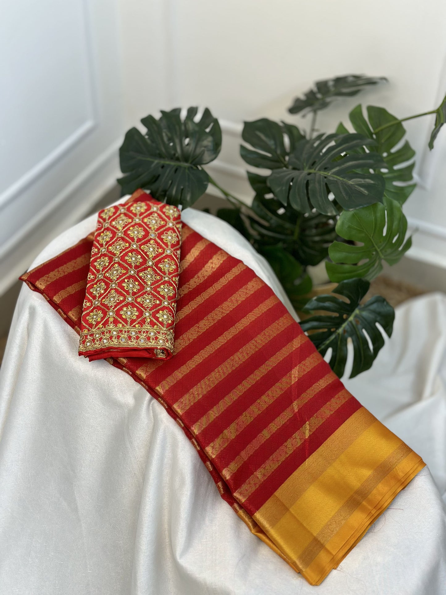 Red Yellow Big Border Kora Muslin Saree with Work blouse combo