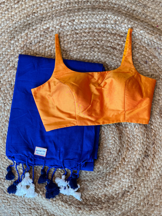 RoyalBlue Khadi Cotton Saree with Sleeveless Blouse Combo