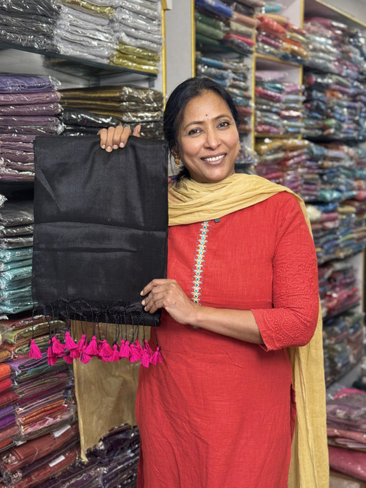 Black Pink Tassels Plain Tissue Saree