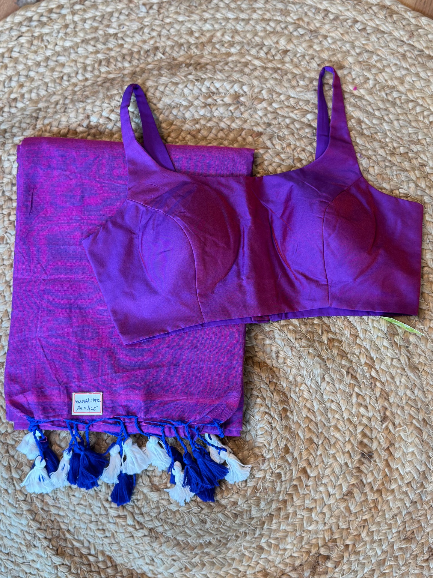 Purple Khadi Cotton Saree with Sleeveless Blouse Combo