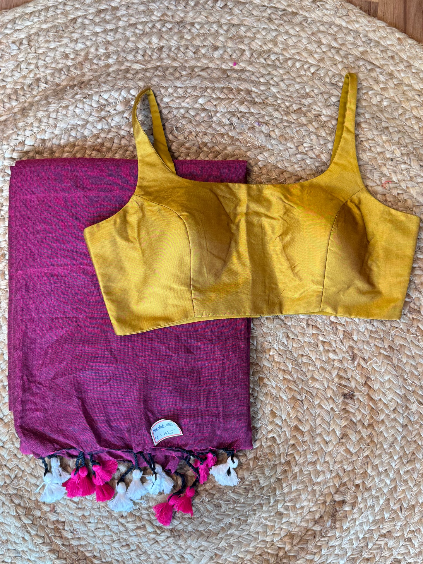 Purple Khadi Cotton Saree with Sleeveless Blouse Combo