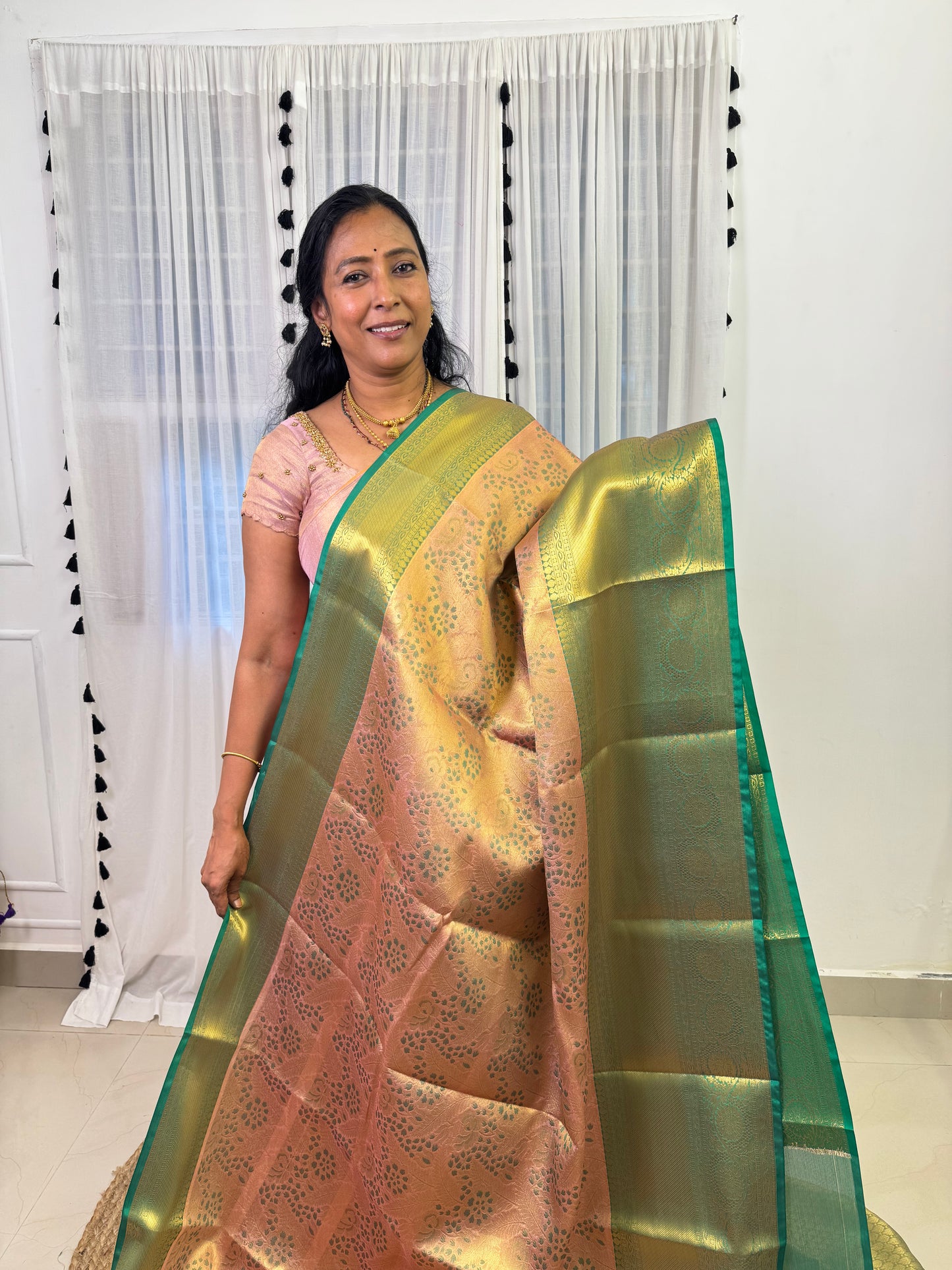 Rose Gold Green Semi Silk Saree with Hand Work Blouse Combo