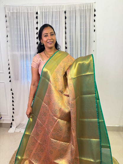 Rose Gold Green Semi Silk Saree with Hand Work Blouse Combo