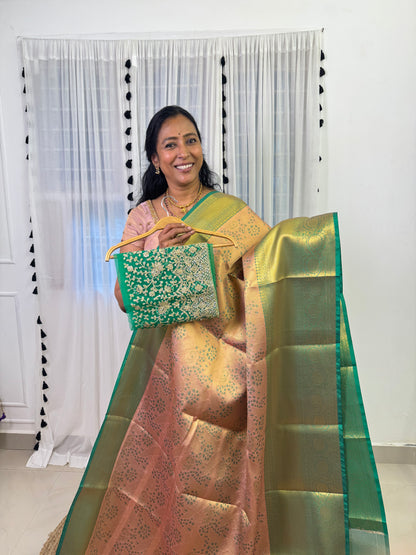 Rose Gold Green Semi Silk Saree with Work Blouse Combo