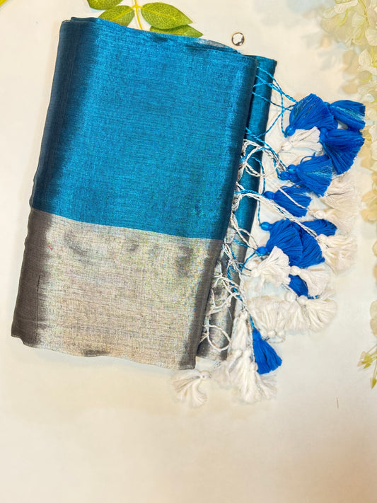 Light Silver Blue Plain Tissue Saree