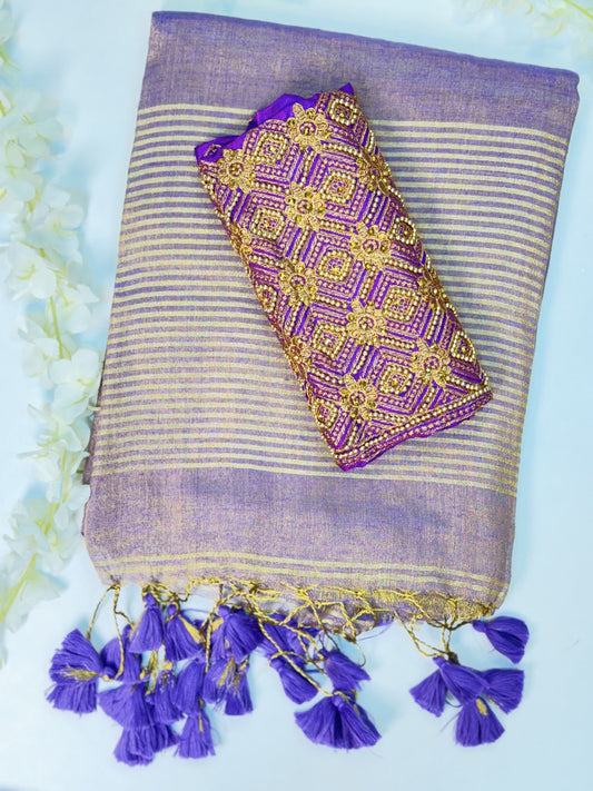 Purple Linen Tissue Saree with Work Blouse