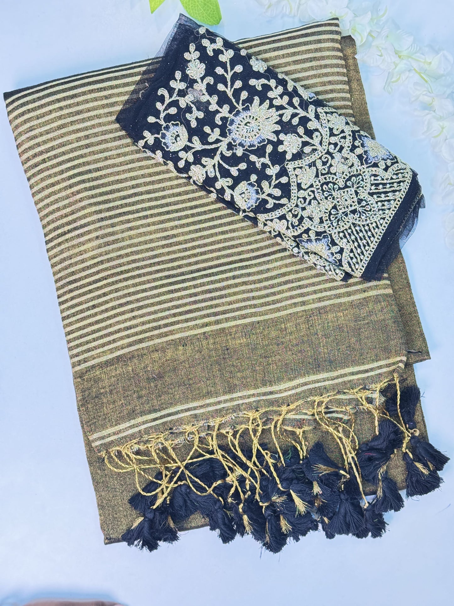 Black Linen Tissue Saree with Work Blouse