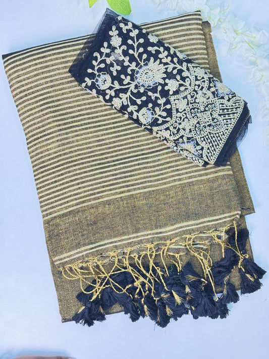 Black Linen Tissue Saree with Work Blouse