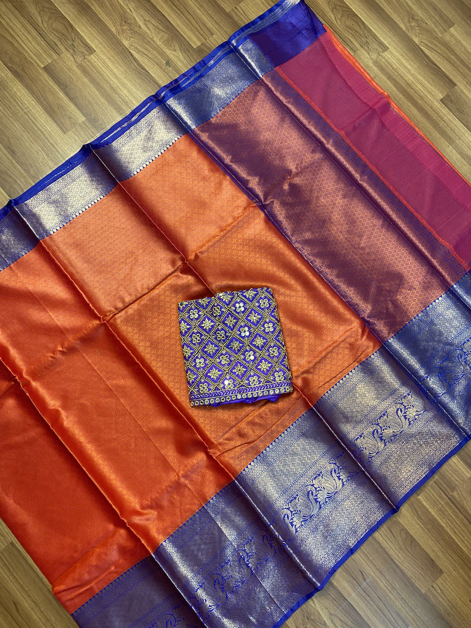 Orange & Purple Big Border Kora Muslin Saree with Work blouse combo