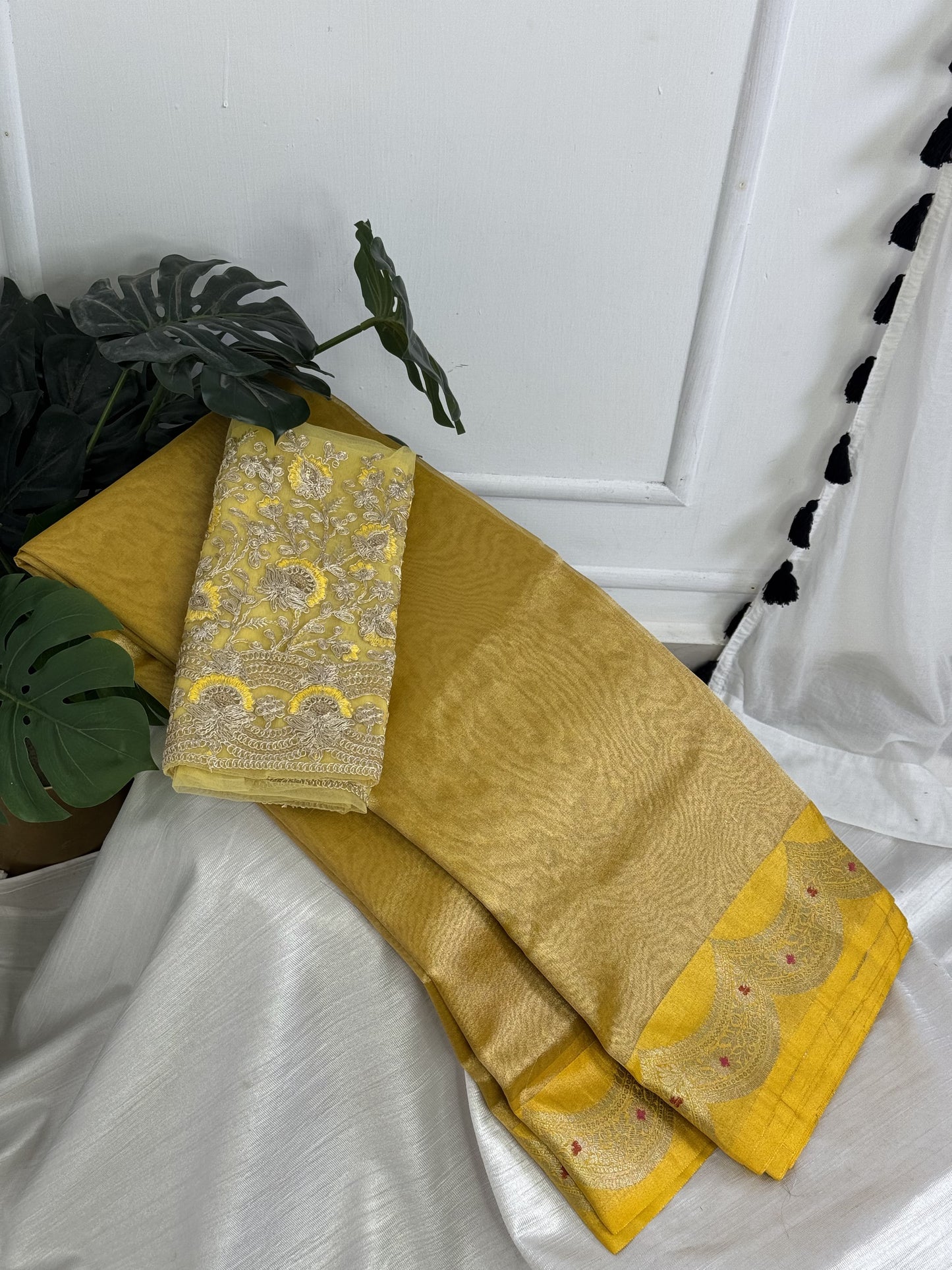 Yellow Tissue Saree with Work Blouse Combo