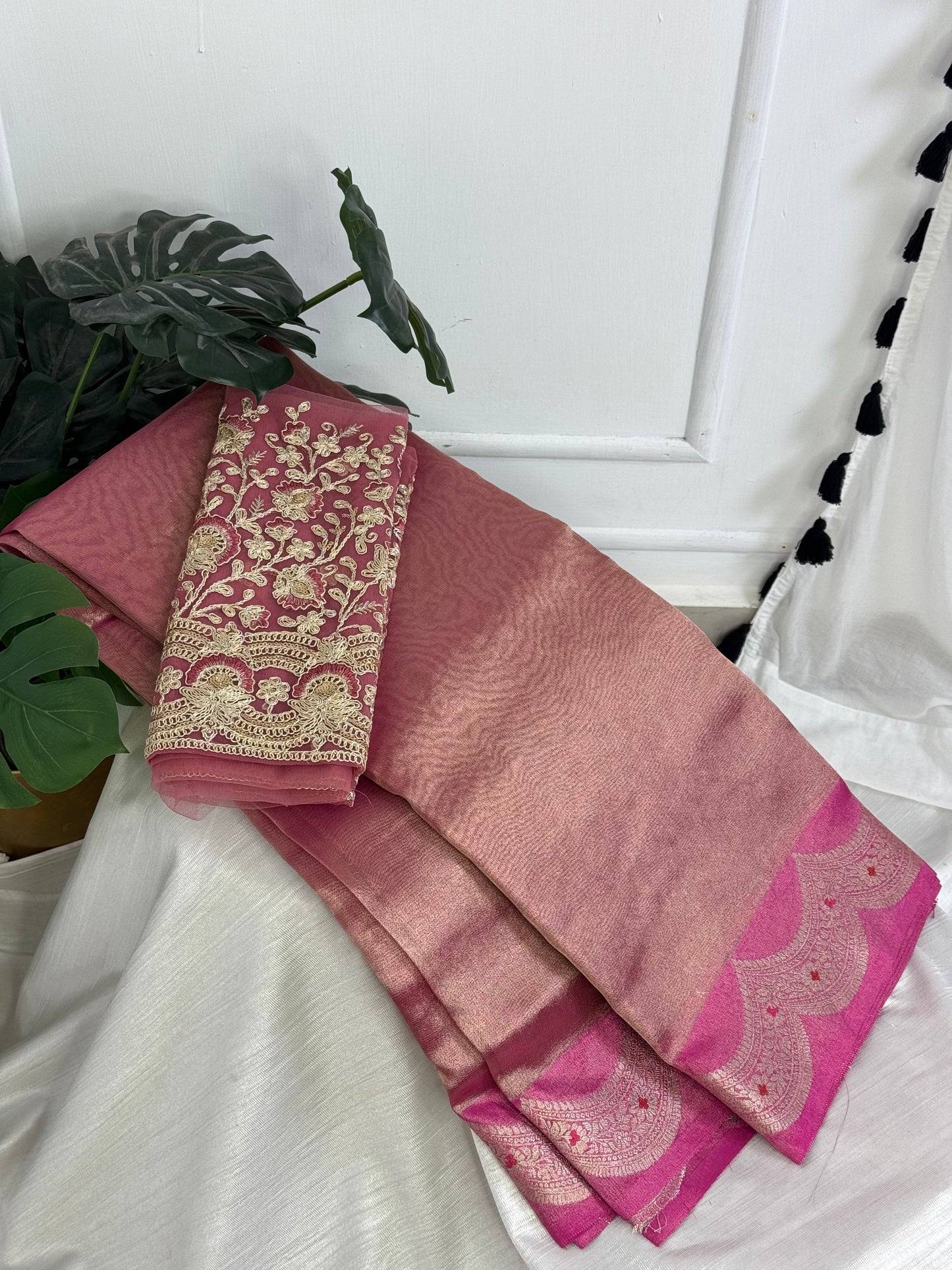 Pink Tissue Saree with Work Blouse