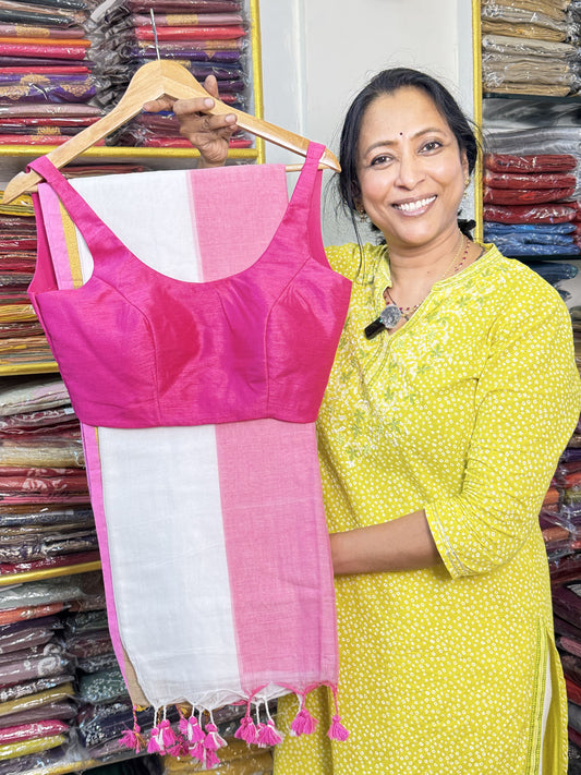 White with Pink Pure Mul Cotton Saree with Sleeveless Blouse Combo