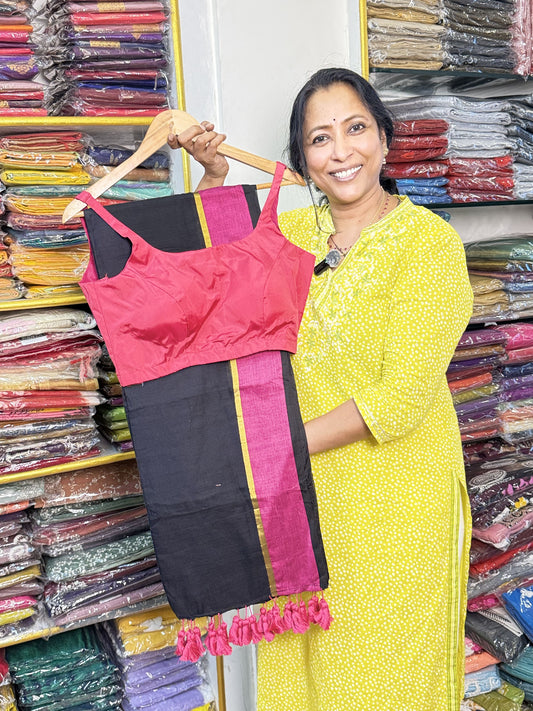 Black With Pink Pure Mul Cotton Saree with Sleeveless Blouse Combo
