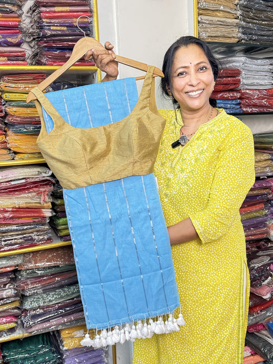 Blue Pure Mul Cotton Saree with Sleeveless Blouse Combo