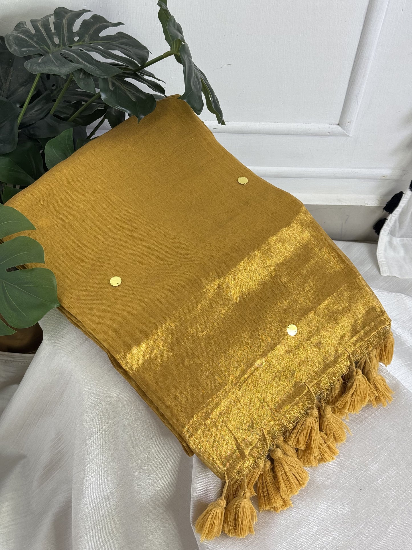 Golden Plain Coin Tissue Saree